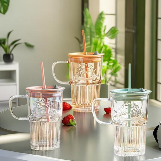 Panda Glass Mug Sipper with Straw & Lid | Cute Ribbed Korean Glass Cup | Random Colour | 1 Pc