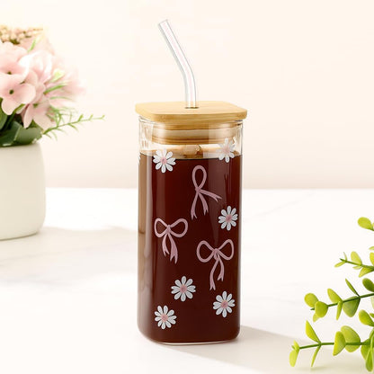 Cute Pink Bow Glass Cup with Bamboo Lid & Glass Straw | 400ml Korean Aesthetic Tumbler