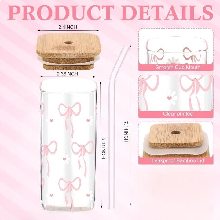 Cute Pink Bow Glass Cup with Bamboo Lid & Glass Straw | 400ml Korean Aesthetic Tumbler