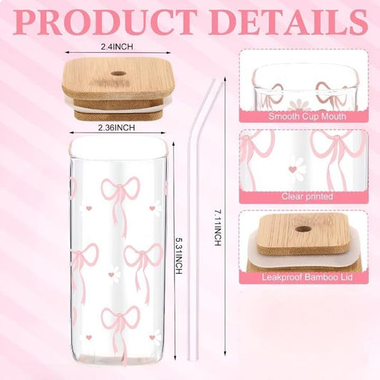 Cute Pink Bow Glass Cup with Bamboo Lid & Glass Straw | 400ml Korean Aesthetic Tumbler