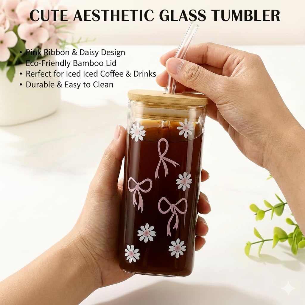 Cute Pink Bow Glass Cup with Bamboo Lid & Glass Straw | 400ml Korean Aesthetic Tumbler