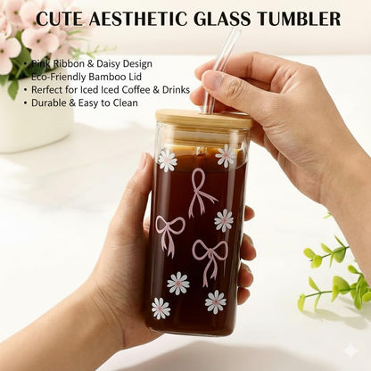 Cute Pink Bow Glass Cup with Bamboo Lid & Glass Straw | 400ml Korean Aesthetic Tumbler